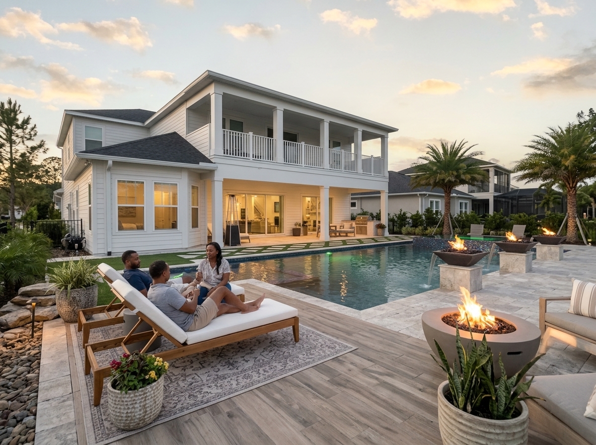 featured-image-1783911603 - southernoutdoorspaces.com Family relaxing on white outdoor lounge chairs by a rectangular pool in a modern two-story home with a wraparound balcony above.